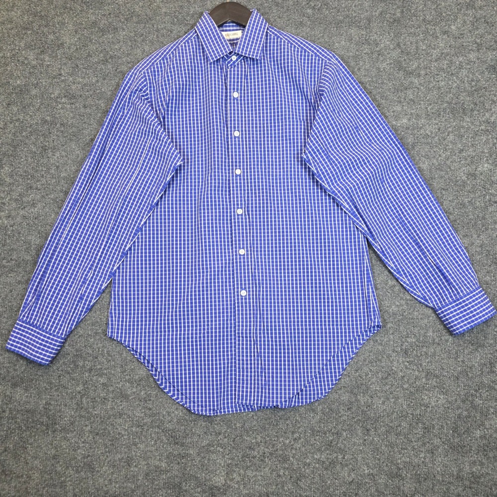 Ascot Chang Shirt Mens Large Slim Blue White Plaid Check Long Sleeve Button Down